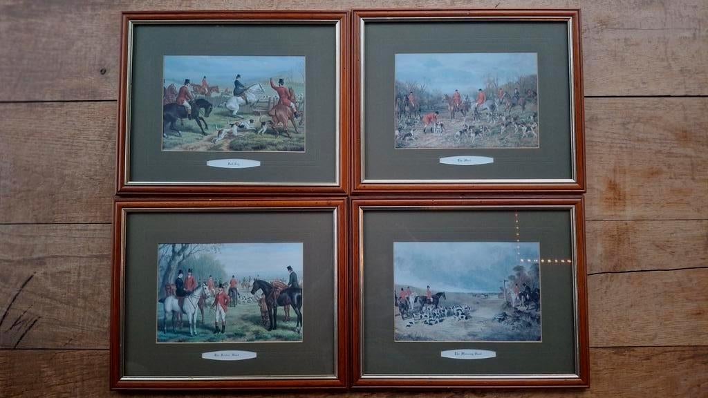 Set van 4 klassieke jachtscène prenten – ingekaderd (39,5, Antiek en Kunst, Kunst | Etsen en Gravures, Ophalen