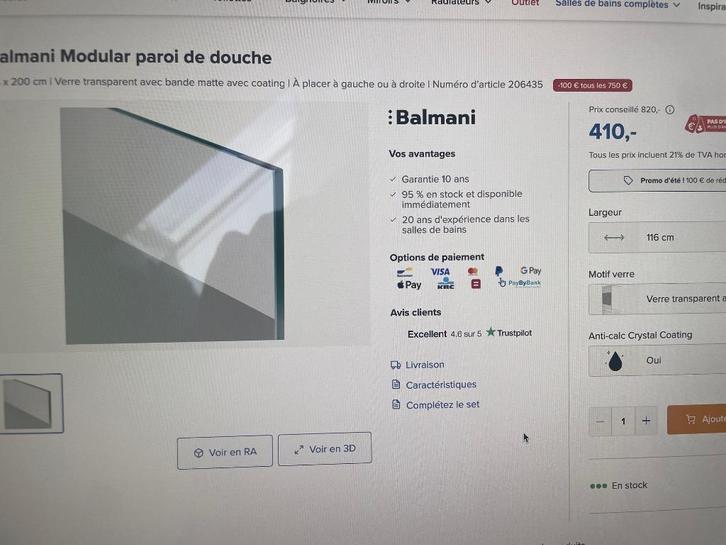 Paroi de douche + ensemble de profils, Doe-het-zelf en Bouw, Sanitair, Nieuw, Douche, Glas, Ophalen