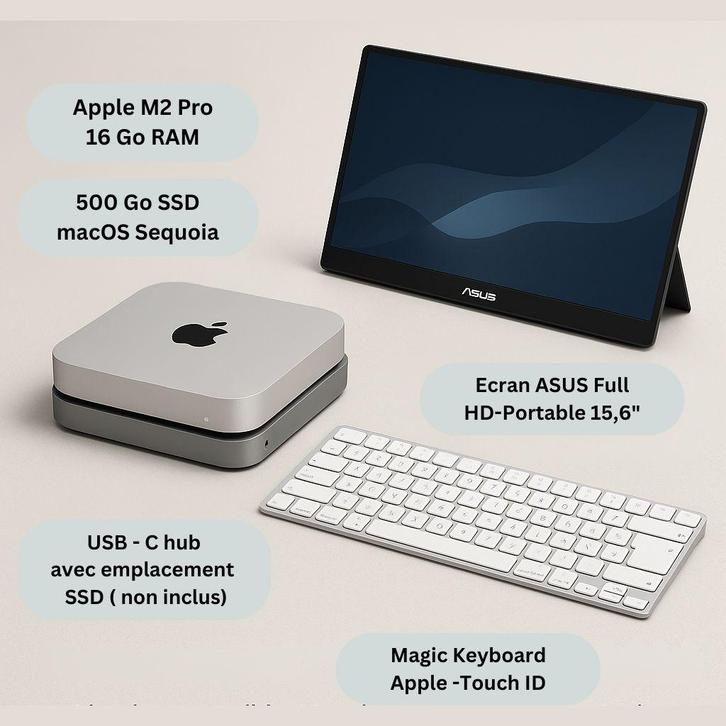 Pack Premium Apple – Mac mini M2 Pro + Écran portable + Clav, Informatique & Logiciels, Apple Desktops, Comme neuf, Mac Mini, SSD
