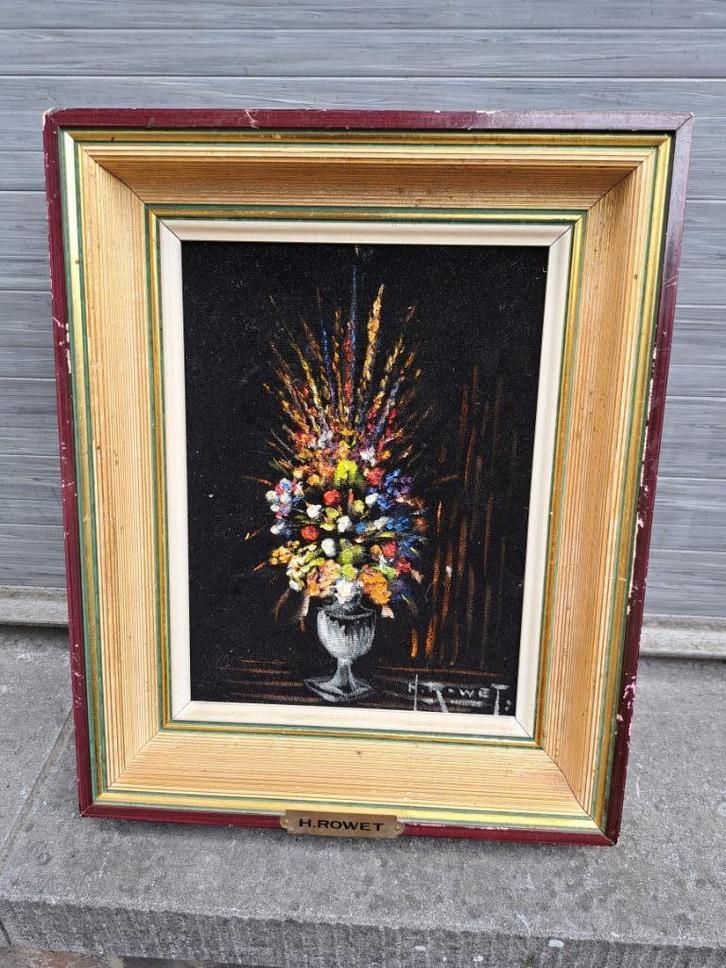 huile sur velour fleurs signe henri rowet, Antiek en Kunst, Kunst | Schilderijen | Klassiek, Ophalen of Verzenden