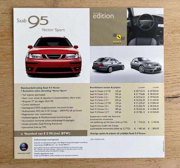 Saab 9-5 Linear & Vector Sport prijslijst BE-NL jan 2005, Boeken, Auto's | Folders en Tijdschriften, Gelezen, Overige merken, Ophalen of Verzenden