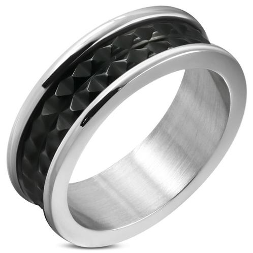 Roestvrij stalen herenring met zwarte middenstrook, Handtassen en Accessoires, Ringen, Nieuw, Heer, IJzer of Staal, Ophalen of Verzenden