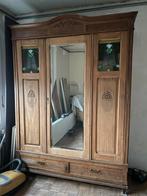 Oude houten kast massief glasraam spiegel klerenkast, Antiek en Kunst, Ophalen