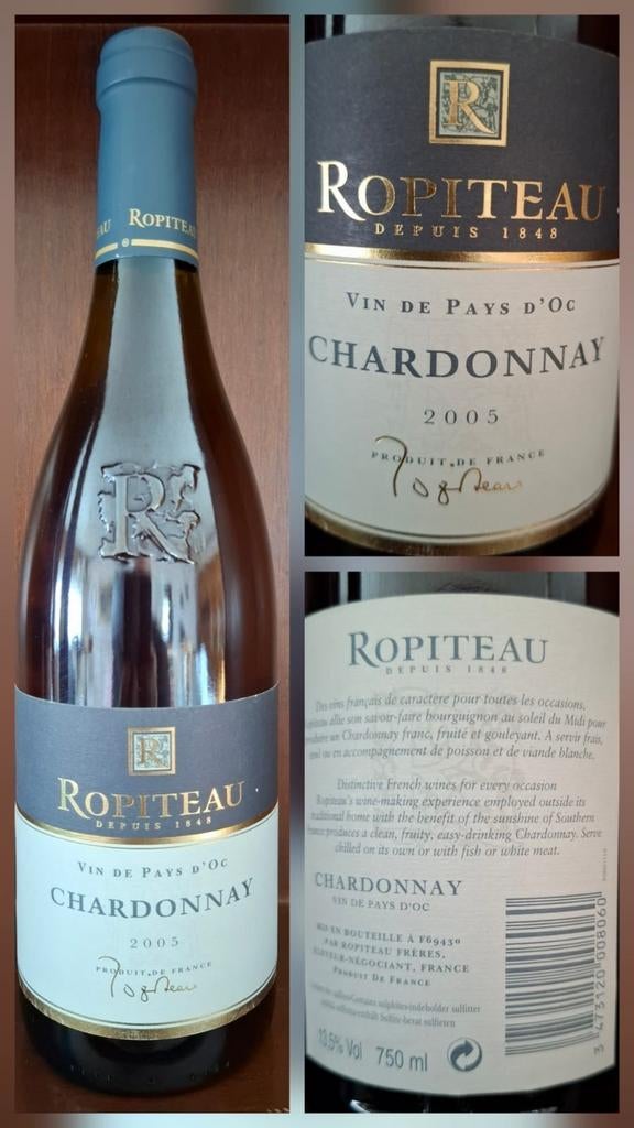 2 bouteilles de Ropiteau Chardonnay 2005 & 2006, Collections, Vins, Comme neuf, Enlèvement ou Envoi