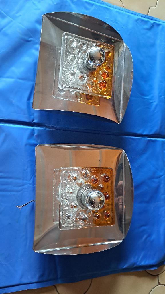 Lot de 2 appliques murales Mazzega, Maison & Meubles, Lampes | Lampes de table, Comme neuf, Verre, Métal, Enlèvement ou Envoi