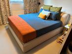 Maison du Monde bed van beige textiel + boxspring 160x200, Huis en Inrichting, Ophalen, Beige, Zo goed als nieuw, Twijfelaar