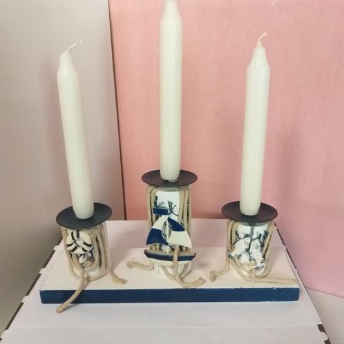 Drievoudige kaarshouder met maritiem decor, Huis en Inrichting, Woonaccessoires | Kandelaars en Kaarsen, Wit, Blauw, Ophalen of Verzenden