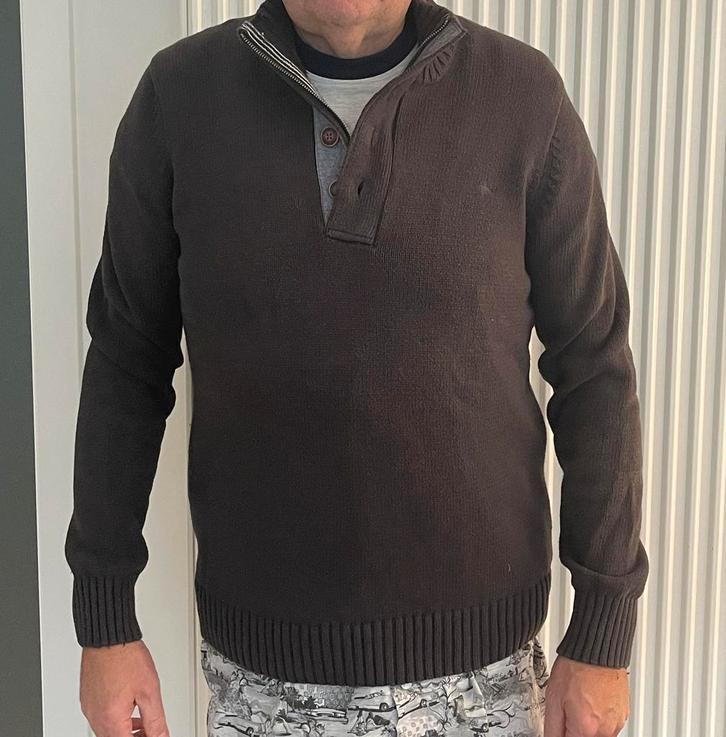 Haze&Finn  schipperstrui effen textuur knoopsluiting en rits, Kleding | Heren, Truien en Vesten, Gedragen, Maat 56/58 (XL), Bruin