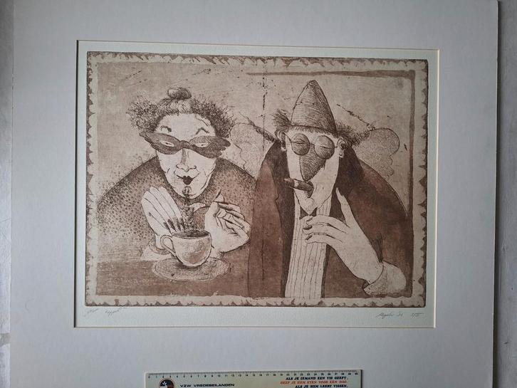 Ongewone ets in bister van Magda getiteld "Het koppel", Antiek en Kunst, Kunst | Etsen en Gravures, Ophalen of Verzenden