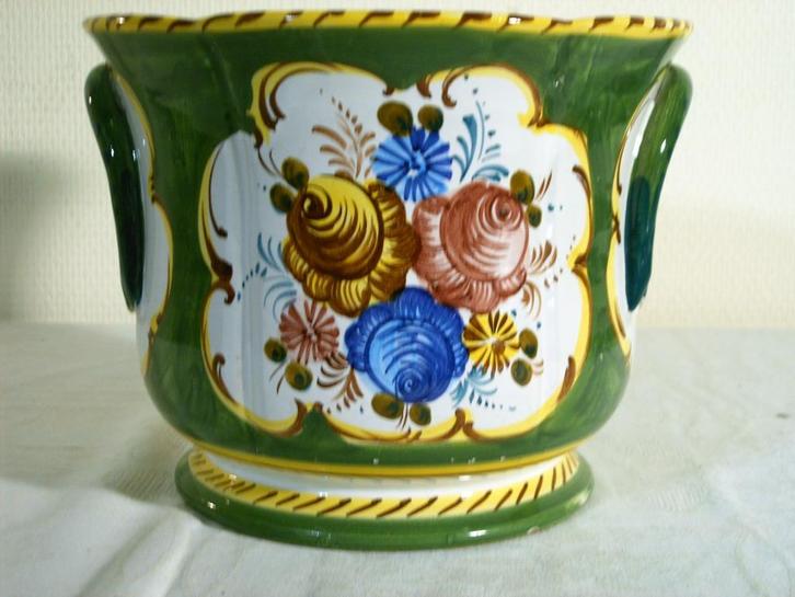 Majolica cache-pot, Tuin en Terras, Bloempotten, Gebruikt, Aardewerk, Binnen, Minder dan 40 cm, Minder dan 25 cm, Rond, Ophalen of Verzenden