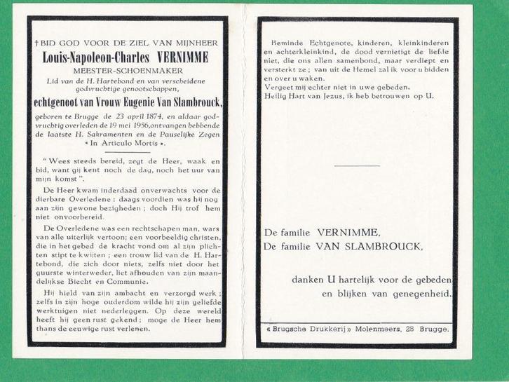 DP Louis Napoleon Charles Vernimme, Verzamelen, Bidprentjes en Rouwkaarten, Bidprentje, Verzenden