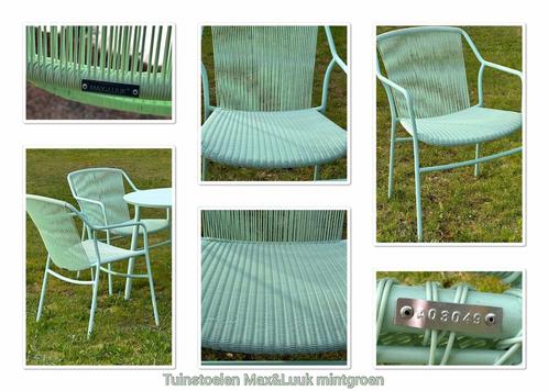 Tuinset van design merk Max & Luuk. Tafel en 4 stoelen mint, Tuin en Terras, Tuinstoelen, Zo goed als nieuw, Aluminium, Stapelbaar