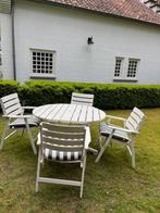 Witte houten tuinset tafel plus 4 stoelen, kussens, Tuinset, Eettafel, 4 zitplaatsen, Zo goed als nieuw