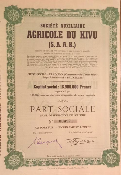 société Auxiliaire Agricole du Kivu - (Kakondo ), Postzegels en Munten, Aandelen en Waardepapieren, Aandeel, 1920 tot 1950, Ophalen of Verzenden