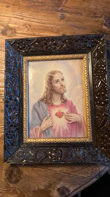 Antiek Kader met Jezus heilig hart afbeelding 