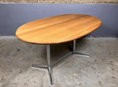 Vintage Eettafel Ovaal Chroom Massief Eiken, Huis en Inrichting, Tafels | Eettafels, Gebruikt, Ovaal, Eikenhout, Metaal, Ophalen