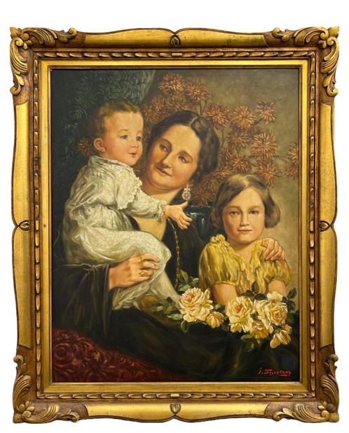 Moeder met kinderen –Olieverf op doek, gesigneerd I. Spitze?, Antiek en Kunst, Kunst | Schilderijen | Klassiek, Ophalen of Verzenden