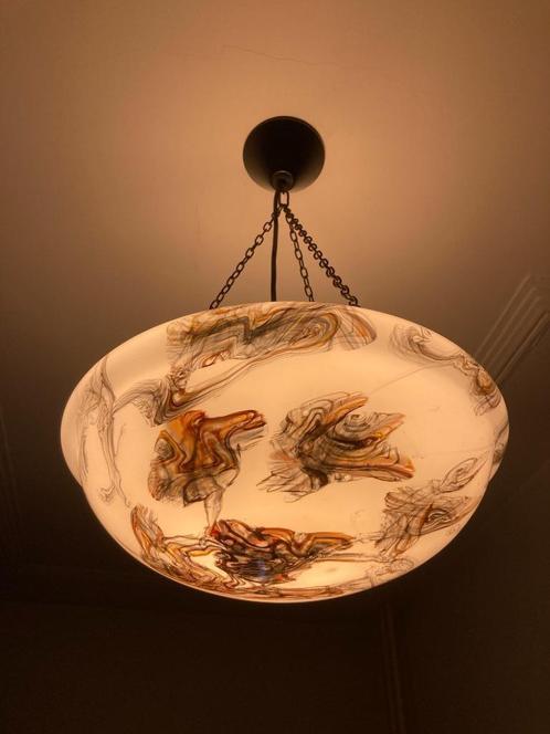 Jugendstil melkglazen schaal kom lamp hanglamp glasdecoratie, Huis en Inrichting, Lampen | Plafondlampen, Zo goed als nieuw, Glas