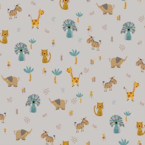612)150x50cm Katoen tricot leeuw tijger giraf zebra taupe, Hobby en Vrije tijd, Stoffen en Lappen, Nieuw, Katoen, 120 cm of meer