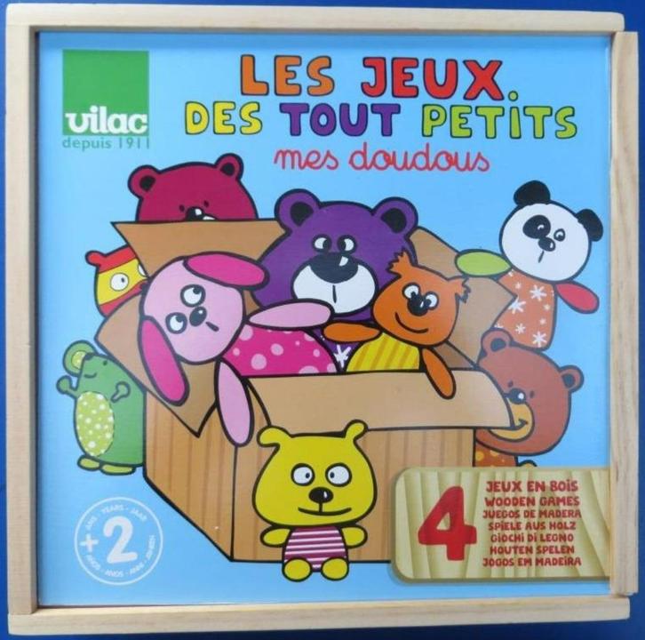 Les jeux des touts petits 2 + Vilac 4 houten spelen, Kinderen en Baby's, Speelgoed | Kinderpuzzels, Gebruikt, 2 tot 4 jaar, 10 tot 50 stukjes