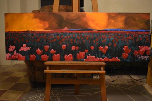 Landschapsschilderij met tulpen bij zonsondergang, door Joky, Antiek en Kunst, Kunst | Schilderijen | Modern, Ophalen