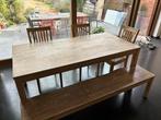Houtel tafel voor 6 personen met 3 stoelen en zitbank, Ophalen, Gebruikt, 50 tot 100 cm, Vijf personen of meer