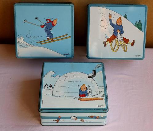 Tintin: Série de 3 boites en métal Delacre - 2003, Collections, Boîte en métal, Utilisé, Biscuits, Enlèvement