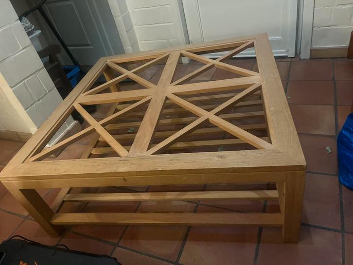 Magnifique table basse FLAMANT en chene, Huis en Inrichting, Tafels | Salontafels, Gebruikt, Vierkant, Eikenhout, Glas, Ophalen