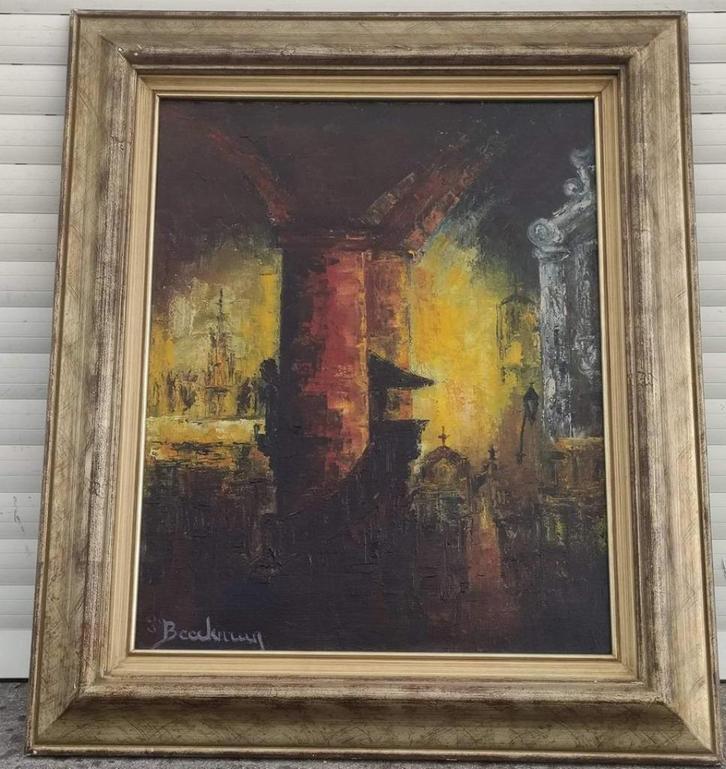 huile sur toile interieur d eglise signe beeckman, Antiek en Kunst, Kunst | Schilderijen | Klassiek, Ophalen of Verzenden