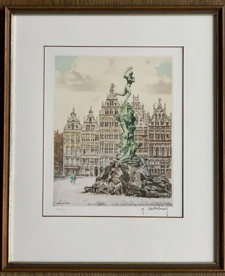 Roger Hebbelinck (1912-1987) - Antwerpen Brabofontein, Antiek en Kunst, Kunst | Litho's en Zeefdrukken, Ophalen of Verzenden