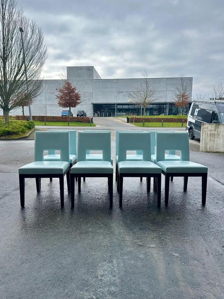 Vintage stoelen Liaigre (8x), Huis en Inrichting, Stoelen, Zo goed als nieuw, Vijf, Zes of meer stoelen, Hout, Leer, Bruin, Ophalen