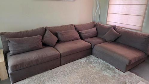 Comfortabele hoekzetel in donkerbruine stof – 310 cm breed, Huis en Inrichting, Zetels | Complete zithoeken, Gebruikt, Stof, Ophalen