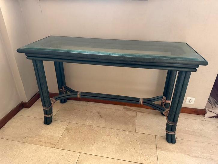 Console en rotin de bambou laqué vert 130cm/50cm/75cm LxPxH, Maison & Meubles, Tables | Coiffeuses, Comme neuf, Verre, Enlèvement