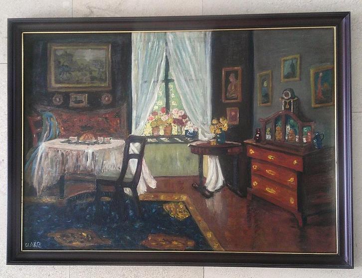 Intérieur de salon confortable vers 1950 - Signé CLAKSE, Antiquités & Art, Art | Peinture | Classique, Enlèvement ou Envoi