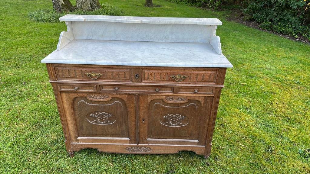 Antieke eikenhouten kast met marmeren blad, Enlèvement, Comme neuf, Chêne