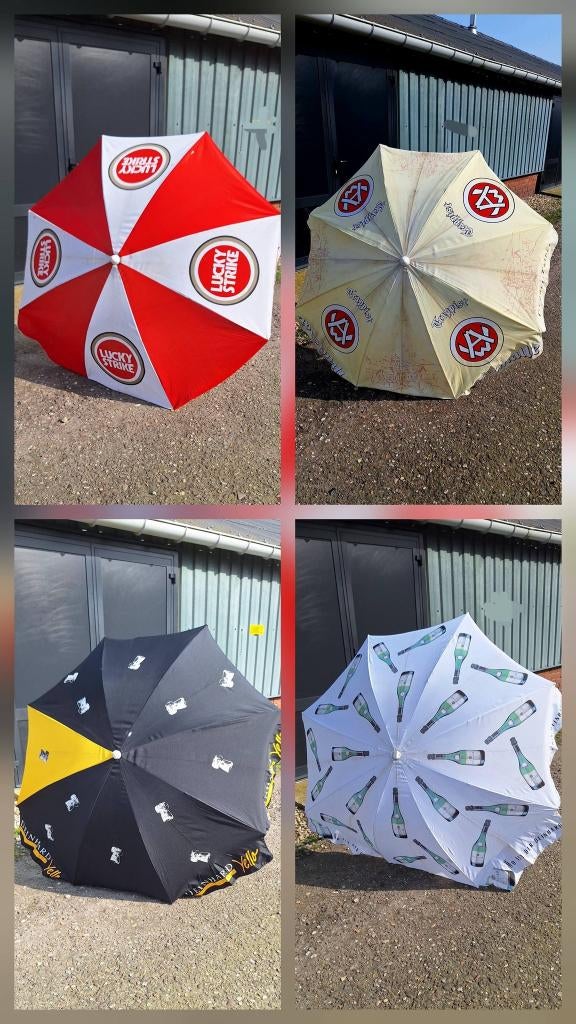 Vrolijke vintage reclame parasol, parasols, div. soorten🌞, Tuin en Terras, Parasols, Gebruikt, Stokparasol, 1 tot 2 meter, Kantelbaar