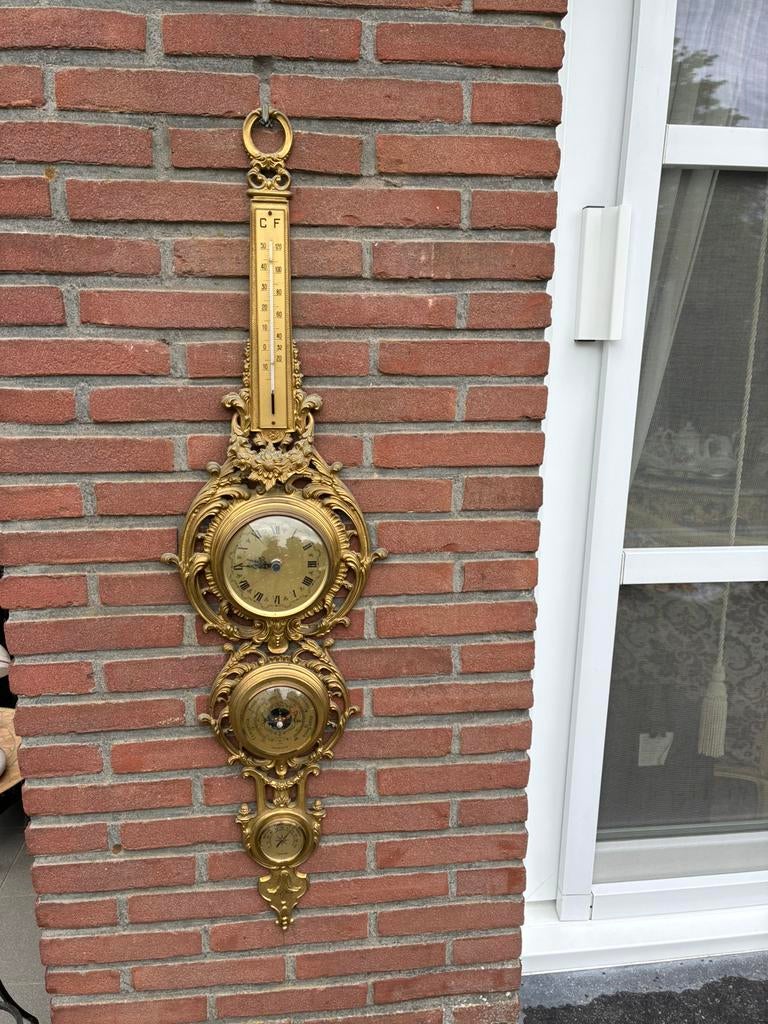 Antieke koperen thermometer barometer, Ophalen, Zo goed als nieuw, Barometer