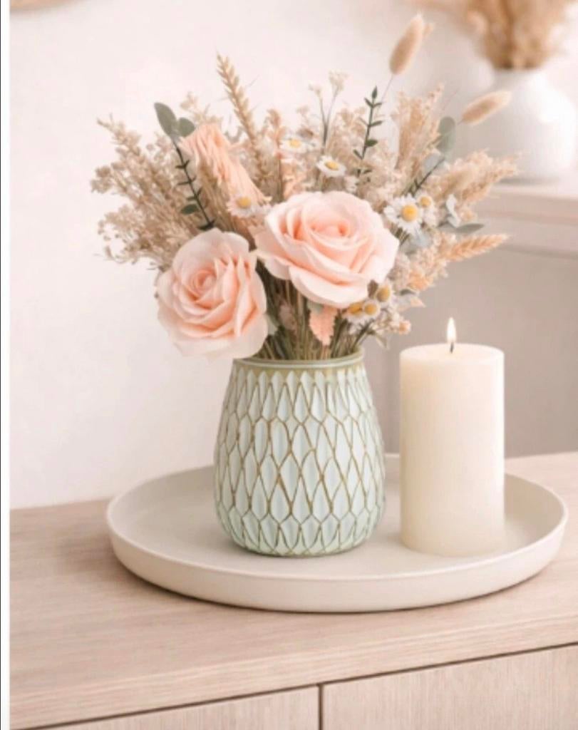 Vaas met droogbloemen en kaars, Ophalen of Verzenden