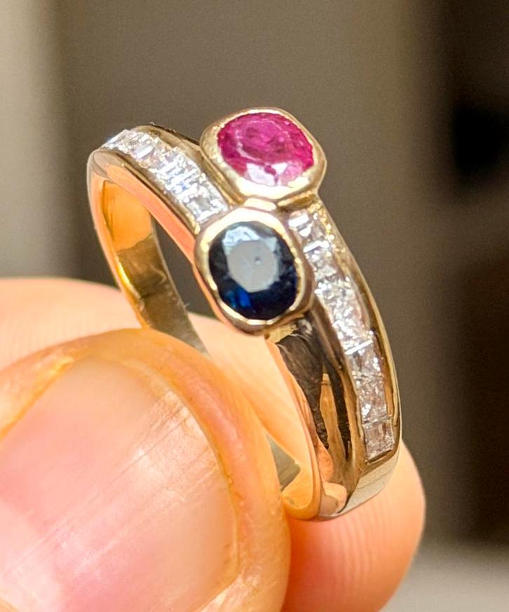 18K gouden ring met natuurlijke diamanten, saffier, robijn!, Bijoux, Sacs & Beauté, Bagues, Femme, 19 à 20, Jaune, Or, Avec pierre précieuse