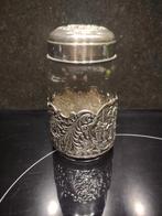Glazen pot in verzilverde houder en met verzilverd deksel, Antiek en Kunst, Ophalen of Verzenden