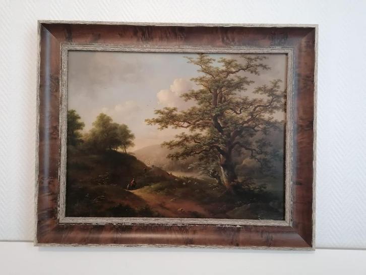 Olie op paneel - Romantisch landschap met eik en herder, Antiek en Kunst, Kunst | Schilderijen | Klassiek, Ophalen of Verzenden