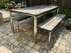 Tuintafel en banken met rvs onderstel en houten blad., Ophalen, Zo goed als nieuw, Vierkant