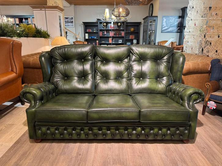 Original chesterfield 3 zits zetel Suzanne Antiek groen leer, Antiquités & Art, Antiquités | Meubles | Chaises & Canapés, Enlèvement ou Envoi