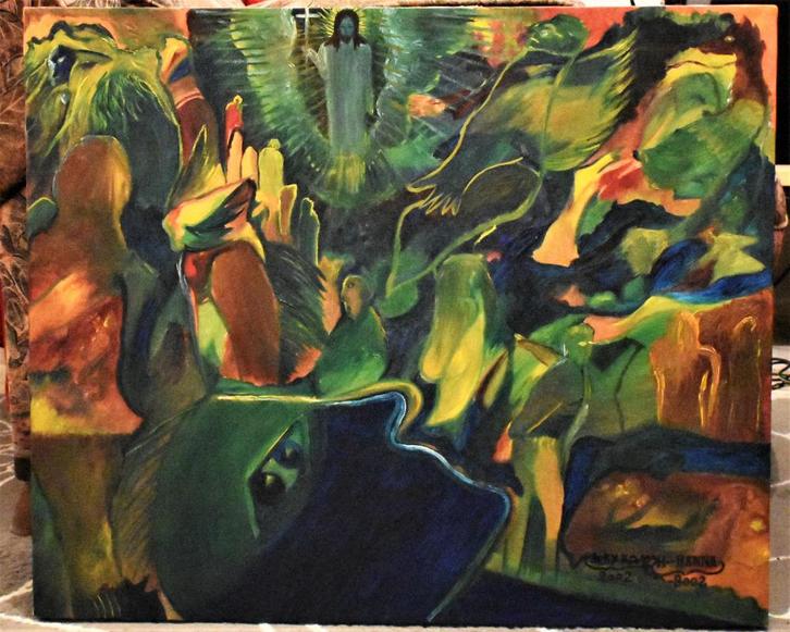 Abstract schilderij, droom met Jezus, gesigneerd joky kamo, Antiek en Kunst, Kunst | Schilderijen | Abstract, Ophalen