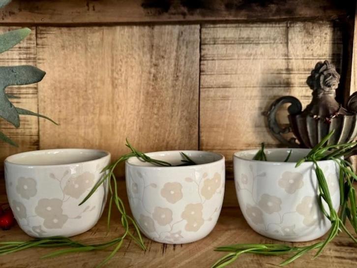 Setje van 3 lieftallige medium bloempotjes  -  ongebruikt, Tuin en Terras, Bloempotten, Nieuw, Steen, Binnen, Minder dan 40 cm
