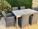 Terras tafel en stoelen, Tuin en Terras, Ophalen, Gebruikt, Hardhout, 6 zitplaatsen