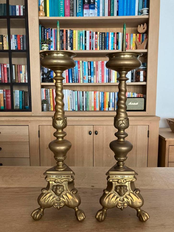 Paar Vlaamse Penkandelaars in Messing, Antiek en Kunst, Antiek | Brons en Koper, Koper, Ophalen of Verzenden