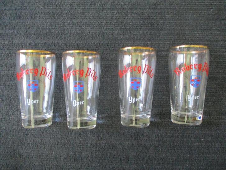 Lot van 4 stuks oude bierglazen ROBERG  PILS  YPER, Verzamelen, Biermerken, Gebruikt, Glas of Glazen, Overige merken, Ophalen of Verzenden
