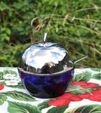 confiturier pomme verre bleu et metal + cuillère, Maison & Meubles, Enlèvement ou Envoi, Comme neuf, Verre, Récipient(s)