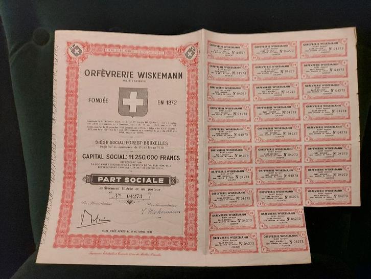 Vintage aandeel van Orfèvrerie Wiskemann – messen, 1954, Postzegels en Munten, Aandelen en Waardepapieren, Aandeel, 1950 tot 1970